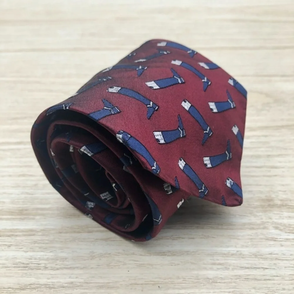 Gucci Vintage Silk Red Tie, Navy Blue Boot Pattern